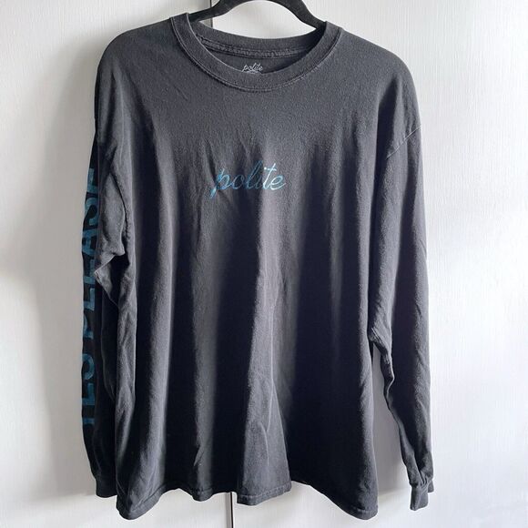 Polite Worldwide Large Black Long Sleeve Shirt Blue Print Please Thank You Smile - Picture 1 of 5